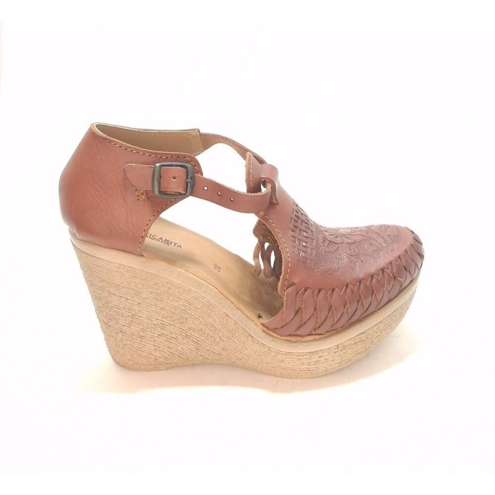 Mexicanita Handmade Leather Wedge Sandals Womens 9 Cognac Tooled Floral Huarache